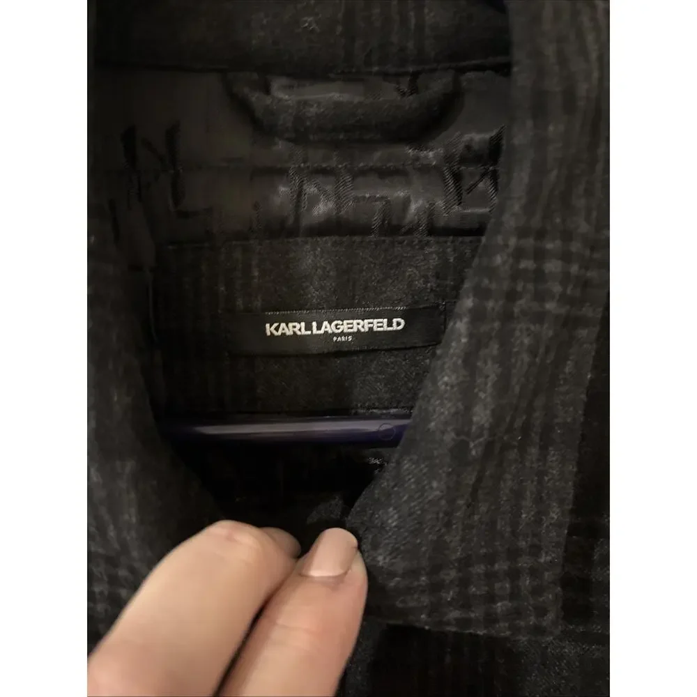 Karl Lagerfeld Paris Men Plaid Snap Up Shirt Jacket Black Grey Medium